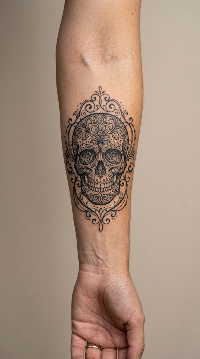 Lace-Like Filigree Skull on the Forearm
