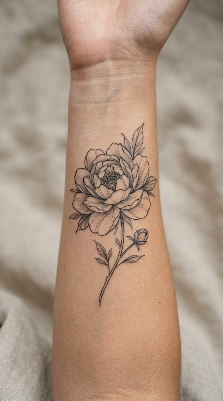 Fine Line Peony Half-Bloom on the Inner Forearm