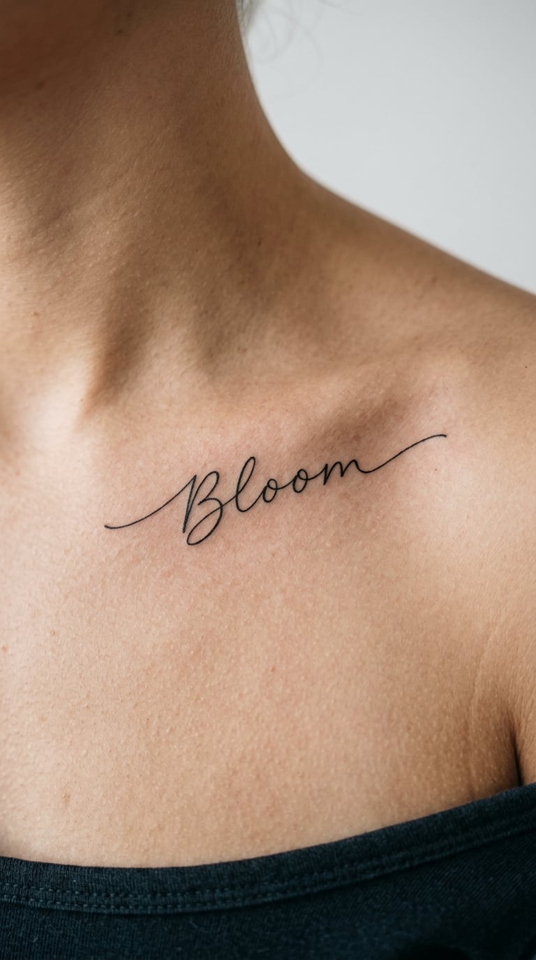 One-Word Fine Line Script Along the Collarbone