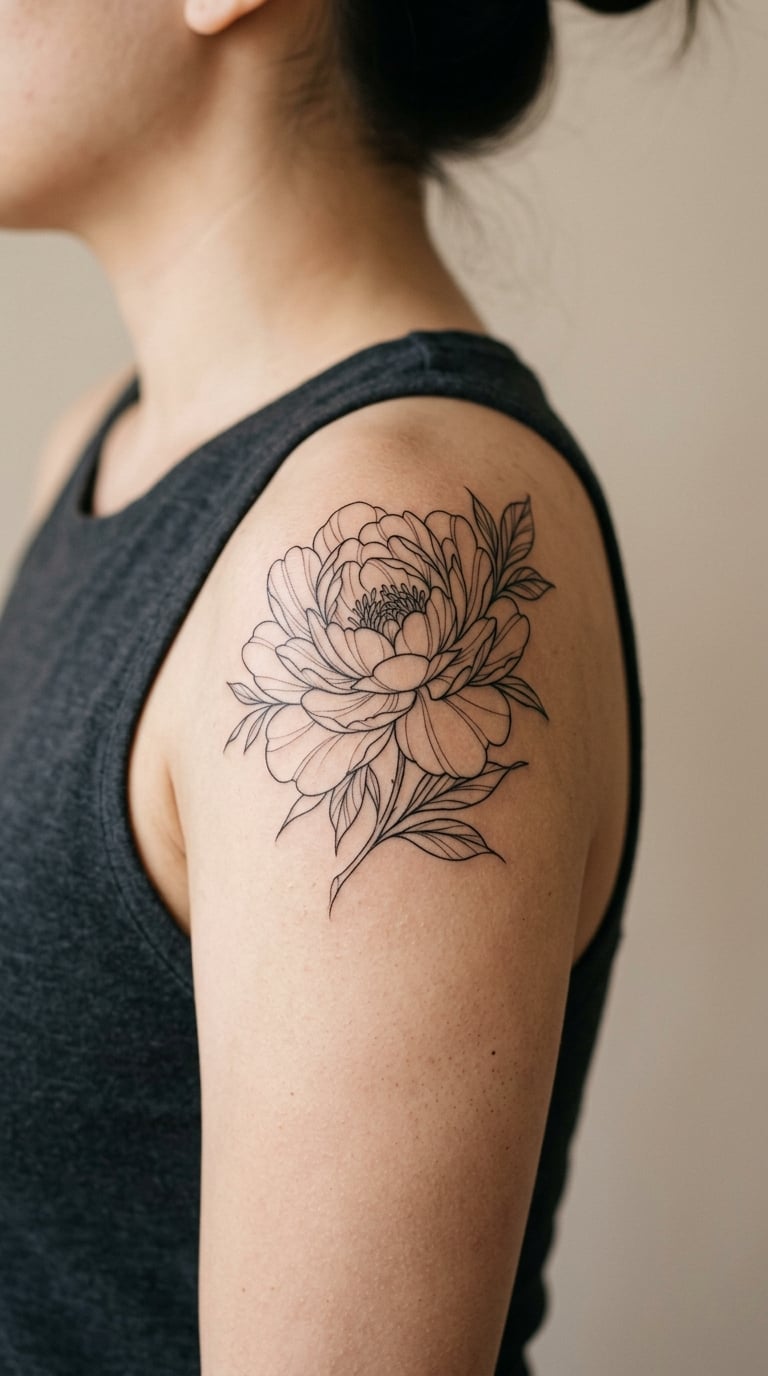 Single Fine-Line Peony on the Shoulder Cap