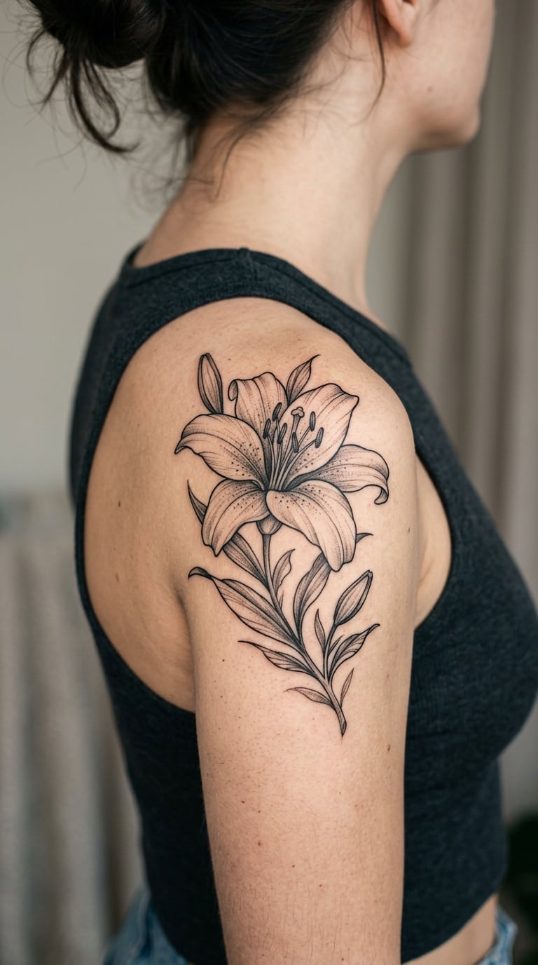 Botanical Study of a Single Lily, Black and Grey