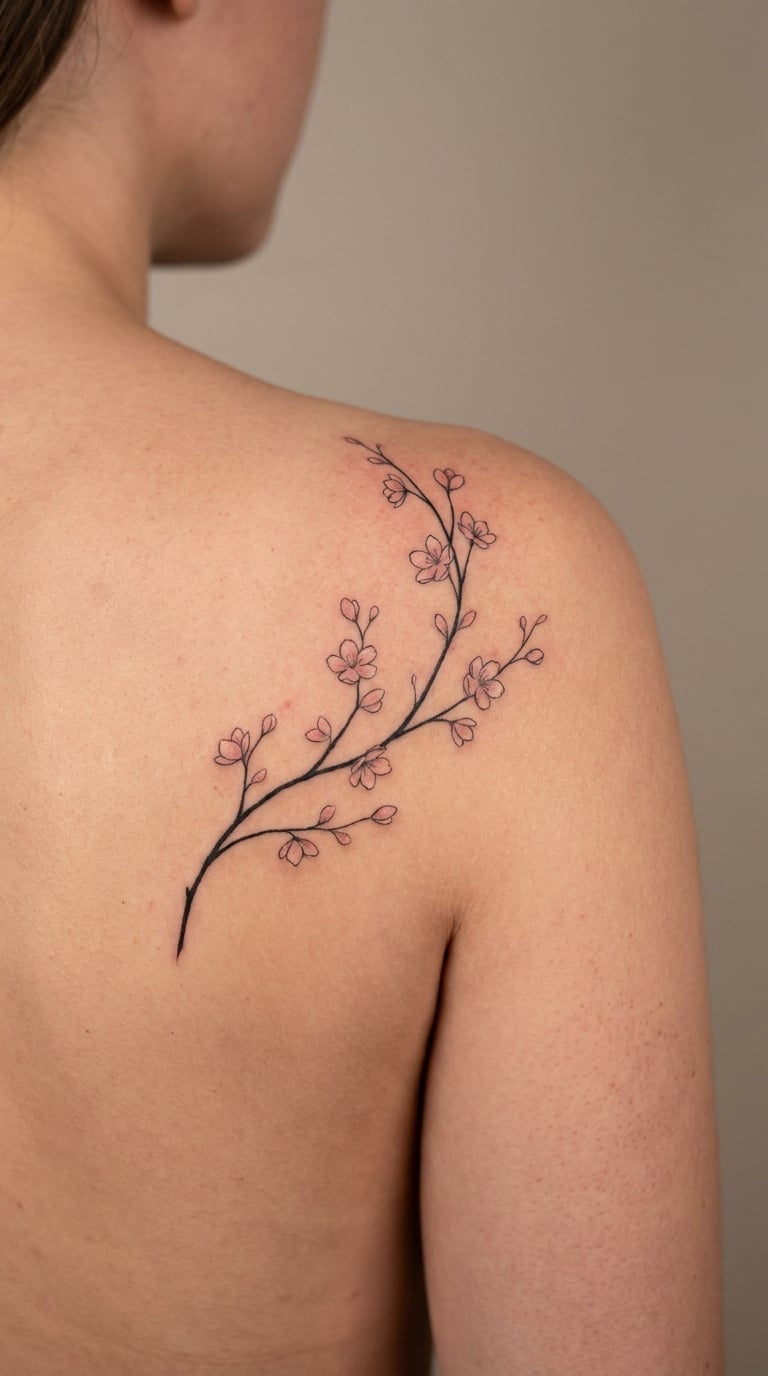Cherry Blossom Branch Wrapping the Back Shoulder