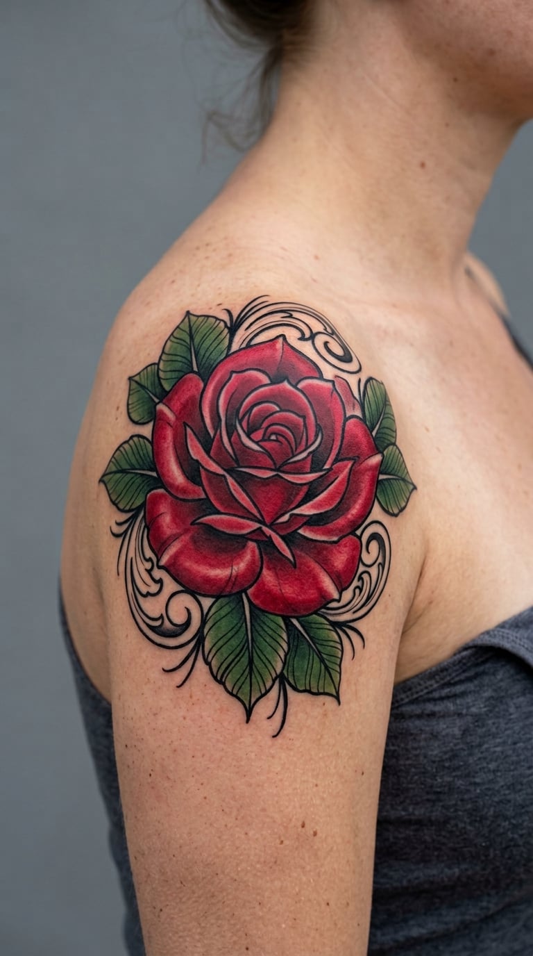 Bold Red Rose in Neo-Traditional Colour