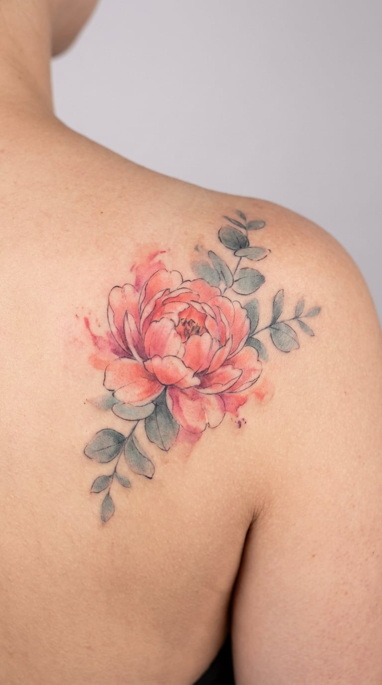 Watercolour Peony and Eucalyptus on the Back Shoulder