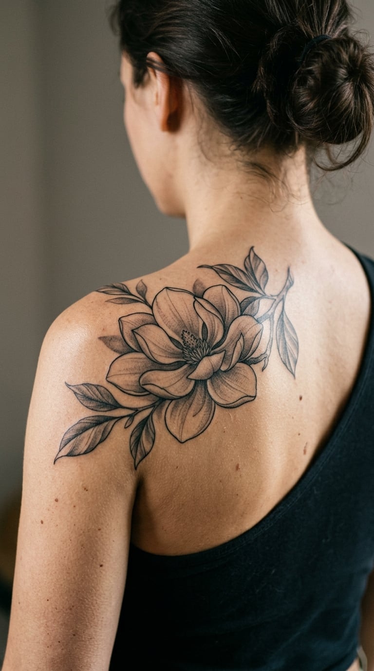 Black and Grey Magnolia Shading Across the Shoulder Blade