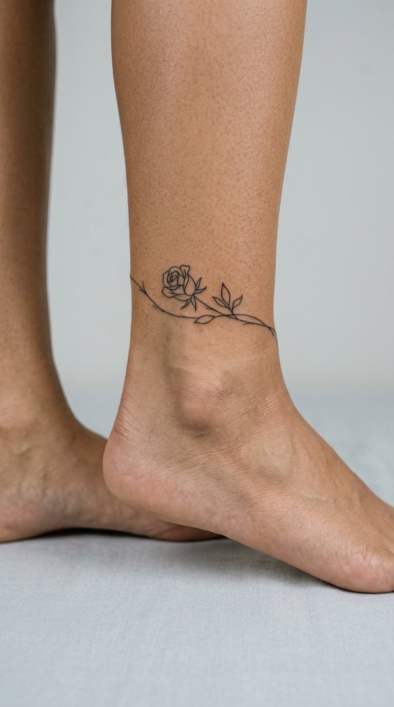 Fine-Line Rose Curving Around the Inner Ankle