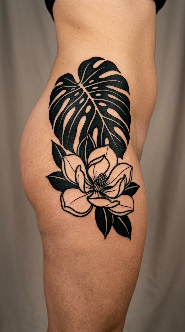 Monstera and magnolia in blackwork