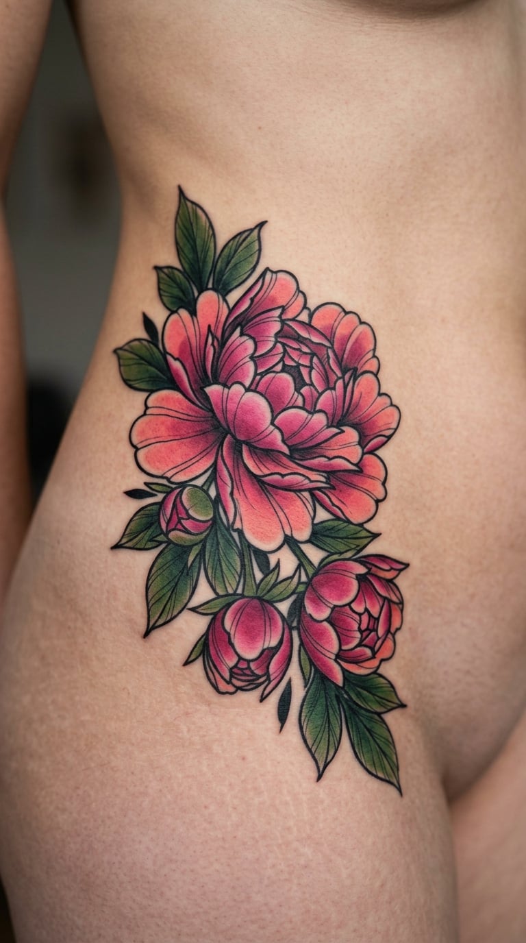 Peony cluster resting on the hip bone