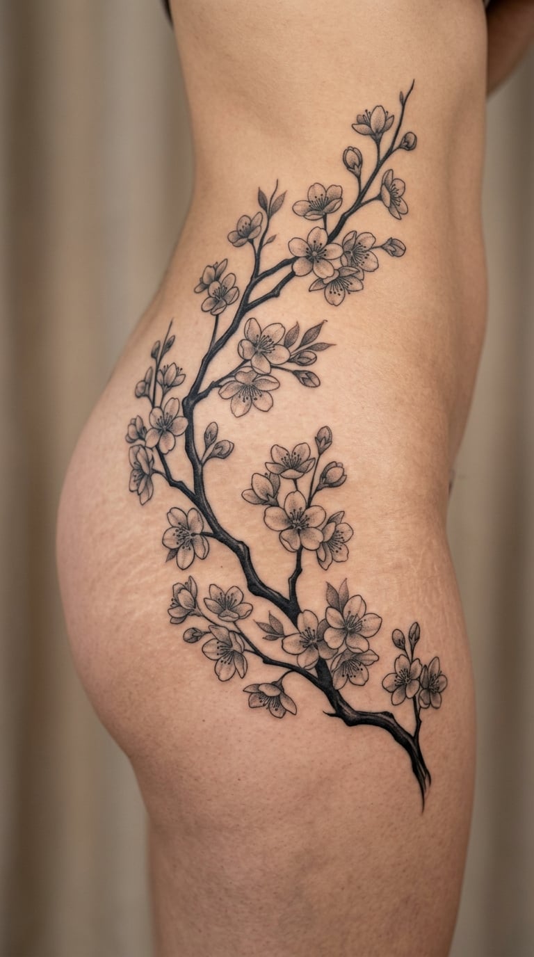 Cherry blossom branch on the hip flank