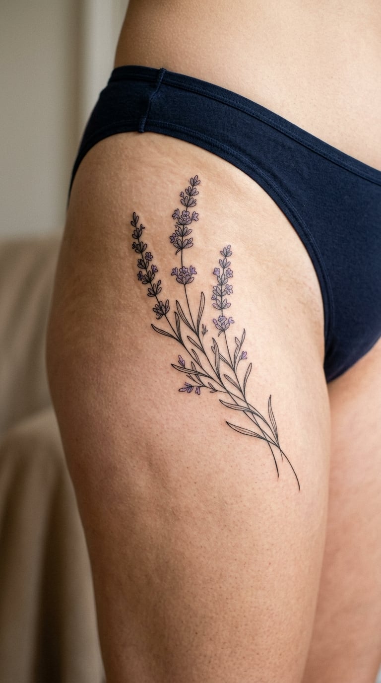 Lavender sprigs wrapping toward the front thigh