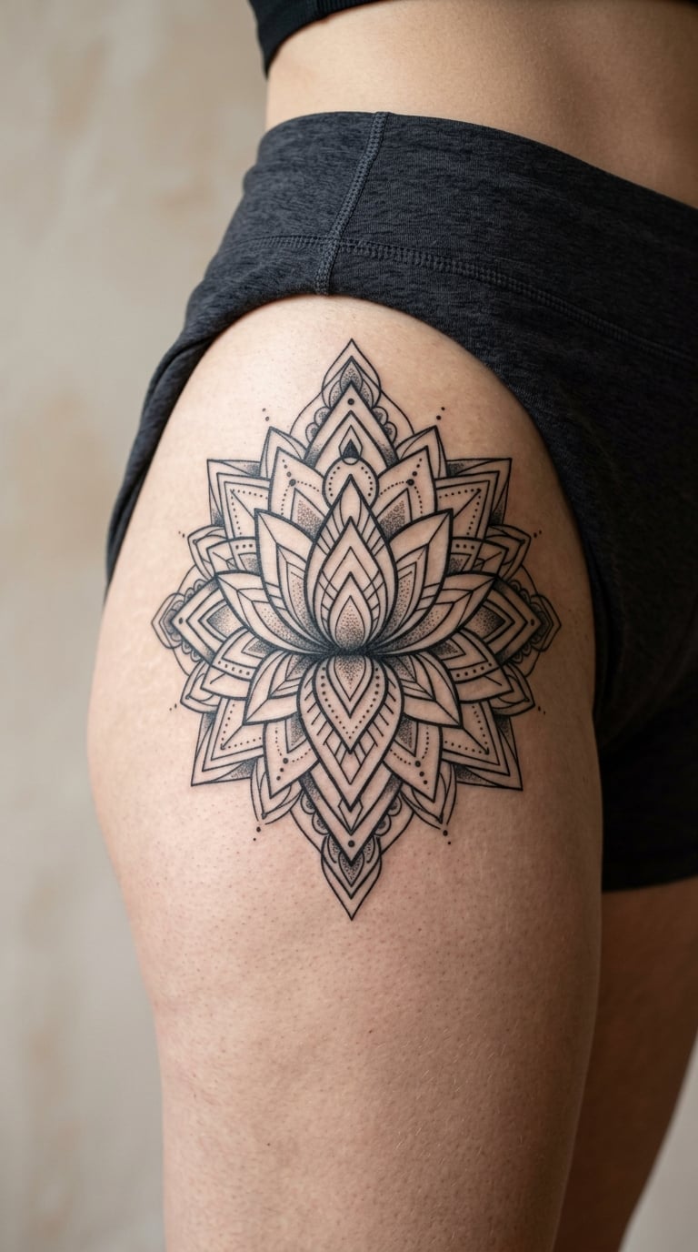 Lotus mandala at the upper hip