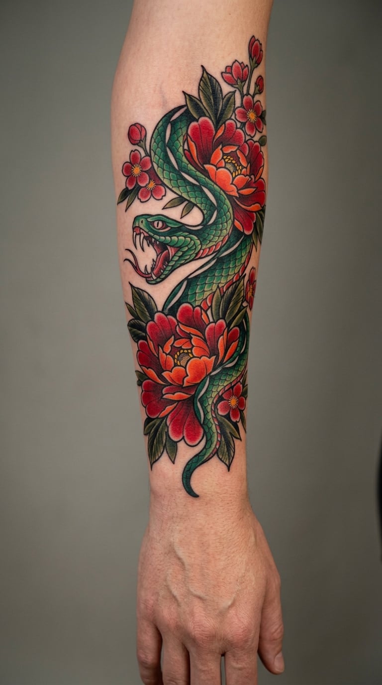 Neo-Traditional Serpent and Blossom Sleeve