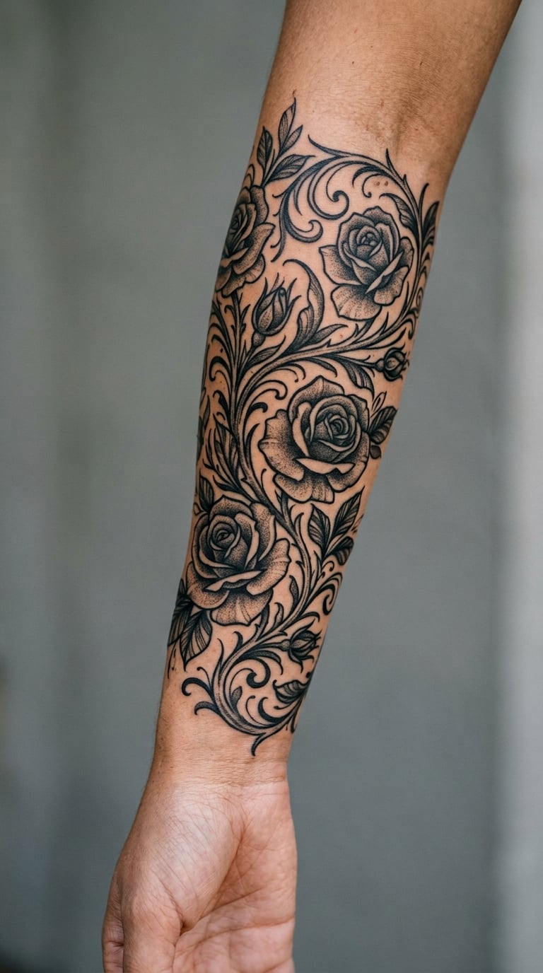 Blackwork Rose Vine Sleeve