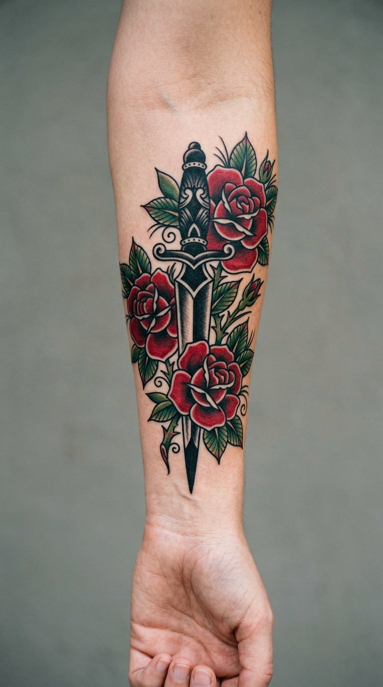 Traditional Rose and Dagger Sleeve