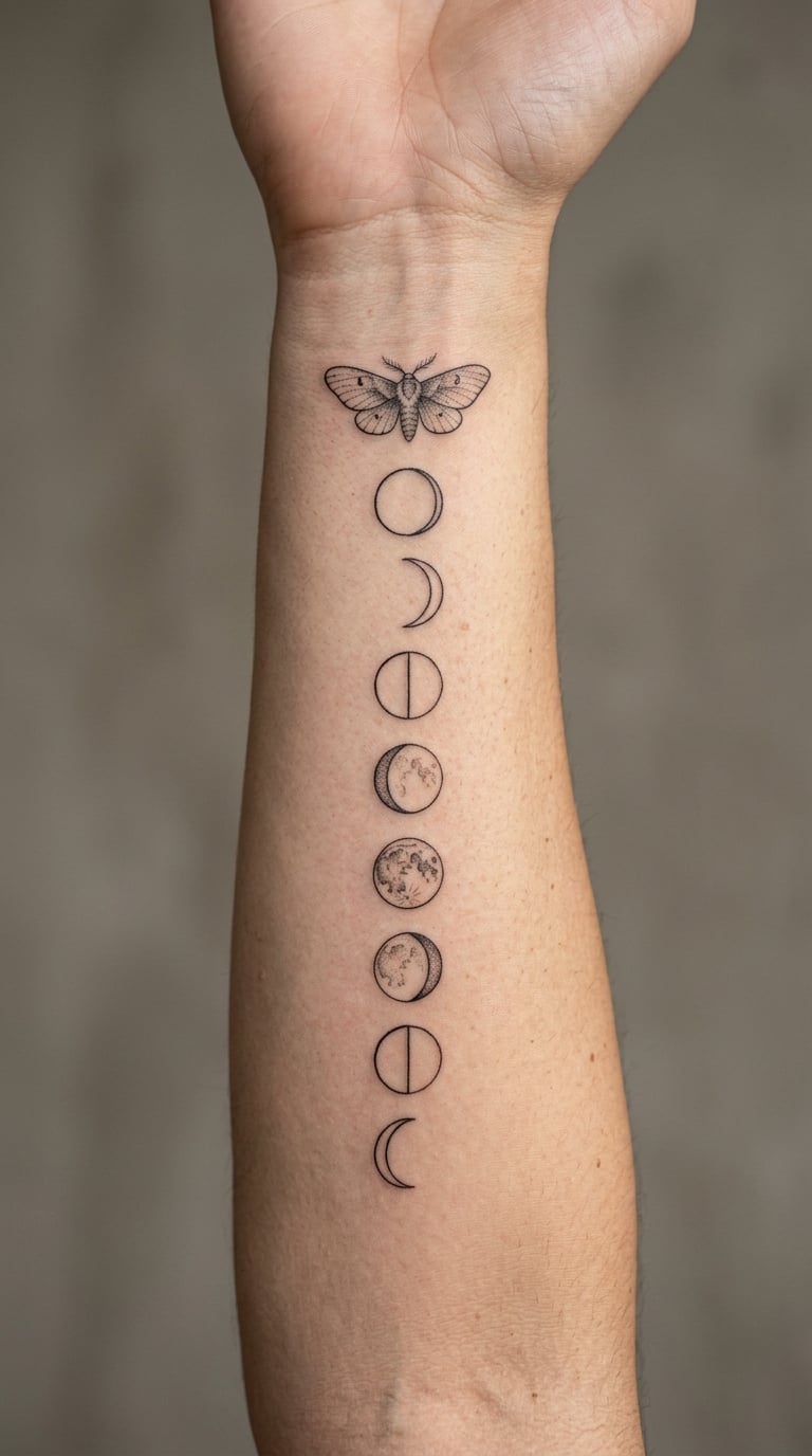 Moon Phases and a Moth in Fine Line