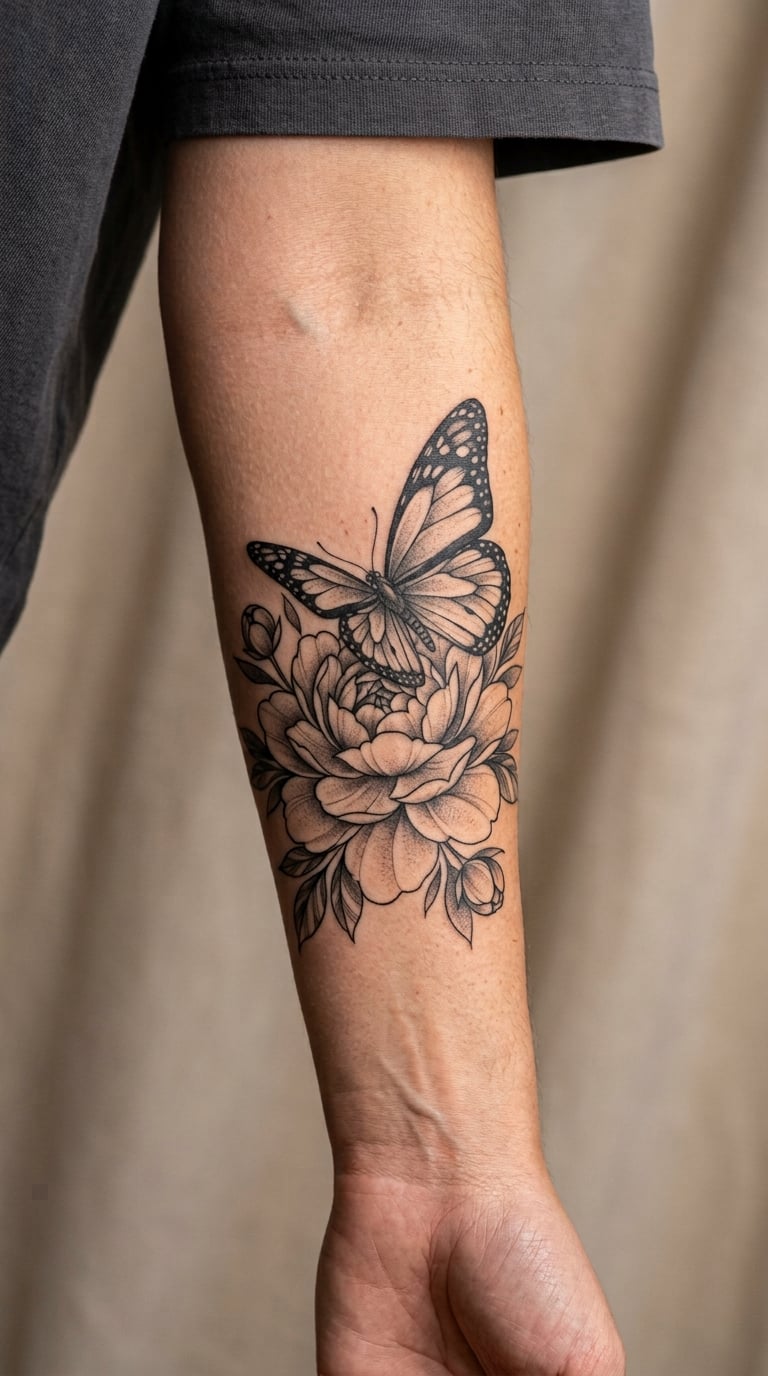 Butterfly Emerging From a Peony