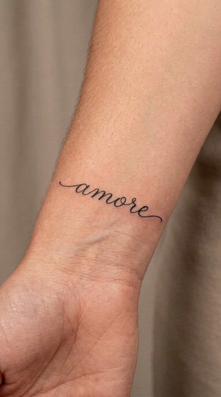 Amour Fine-Line Wrist Tattoo