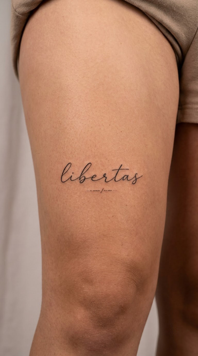 Liberté Fine-Line Thigh Tattoo
