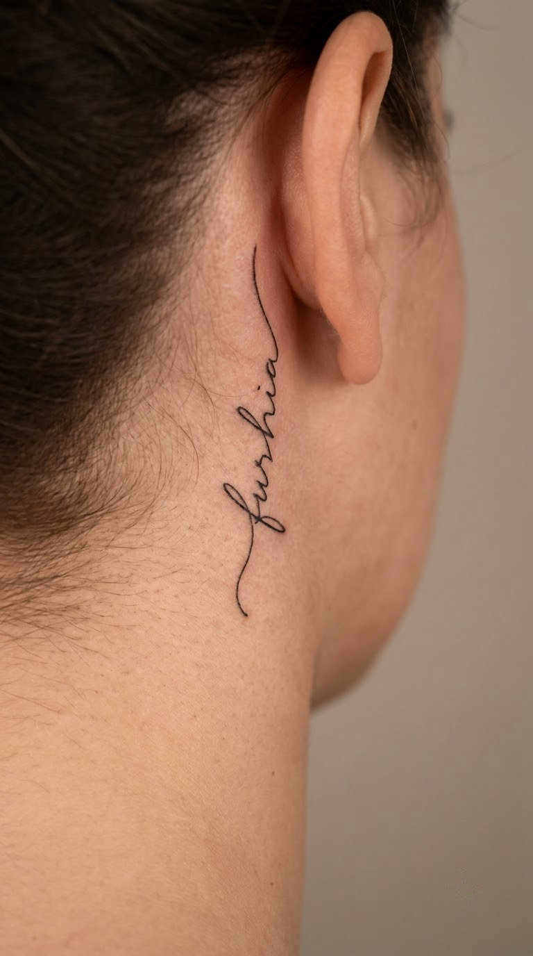 Bonjour Behind-the-Ear Word Tattoo