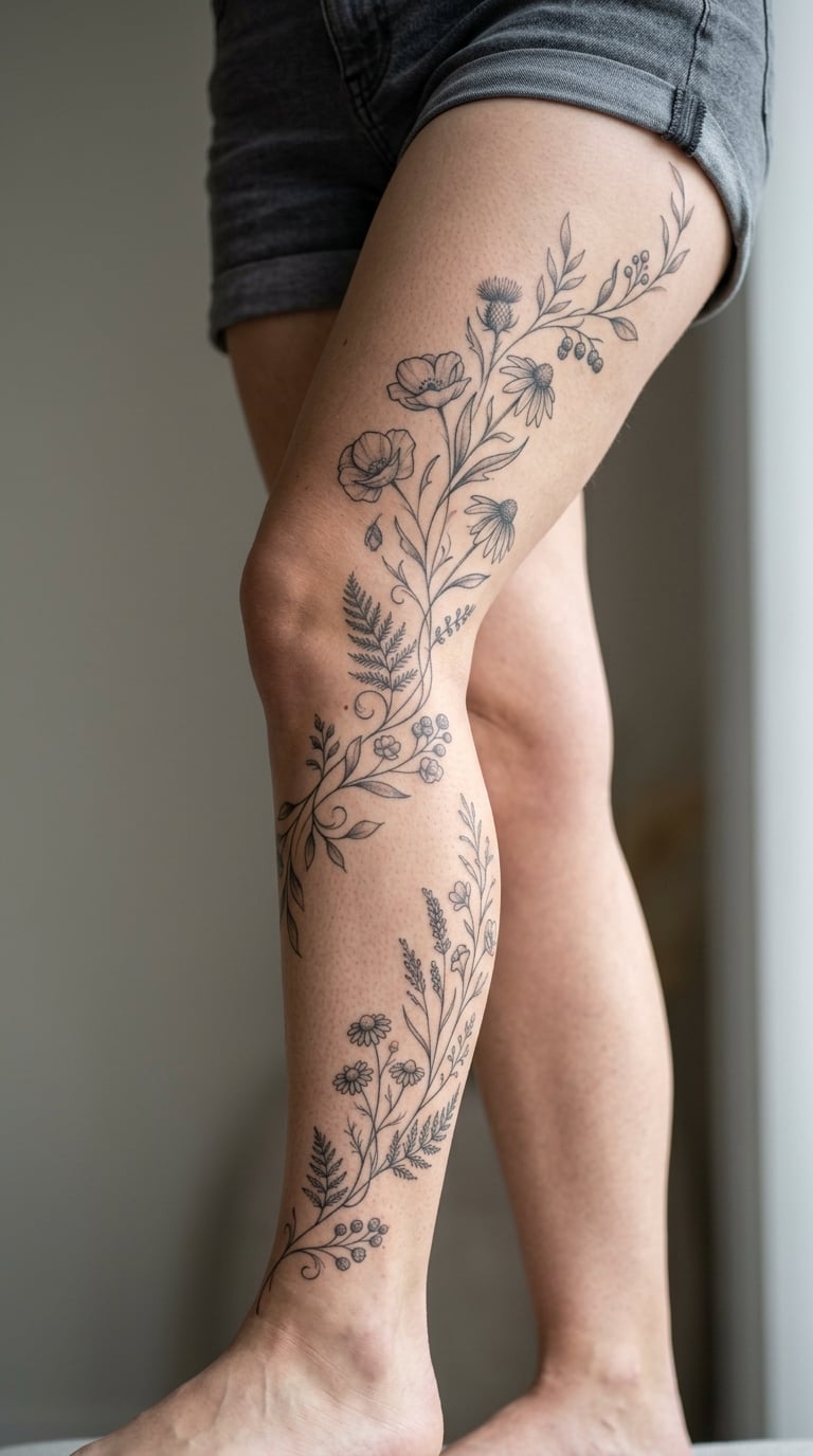 Fine-Line Wildflower Vine from Ankle to Thigh