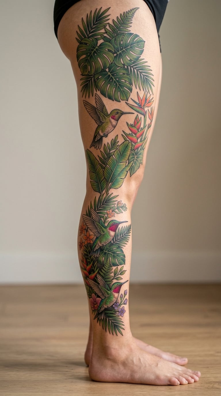 Hummingbirds and Tropical Leaves