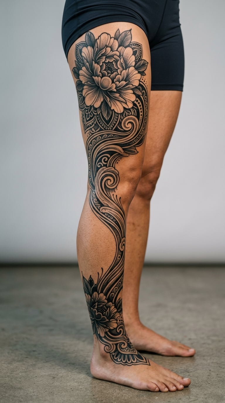 Japanese Peony and Wave Blackwork Panel
