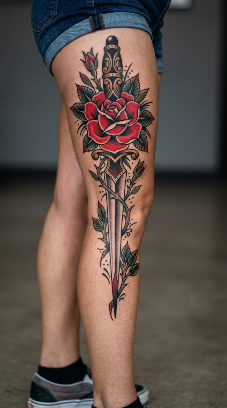 Traditional Rose and Dagger Thigh-to-Calf Sleeve