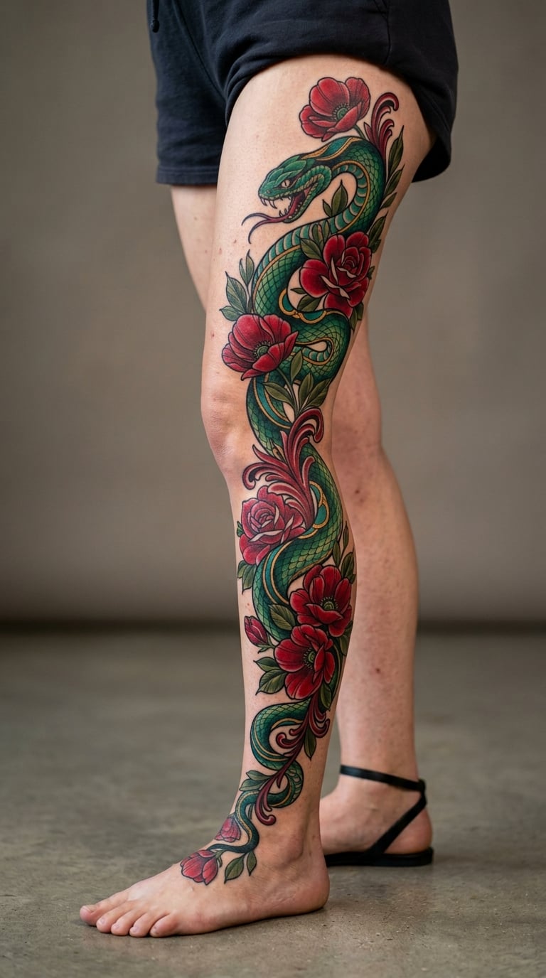 Neo-Traditional Serpent and Botanicals