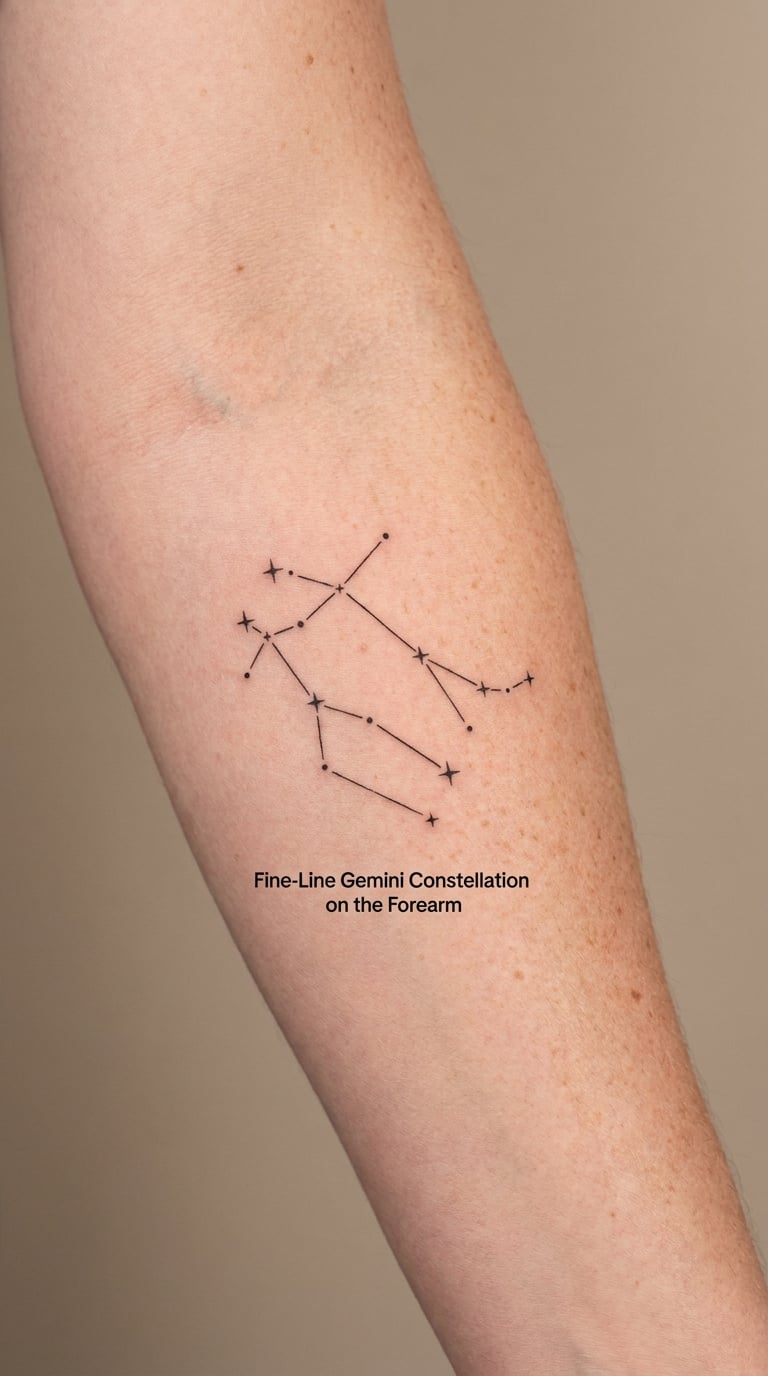 Fine-Line Gemini Constellation on the Forearm