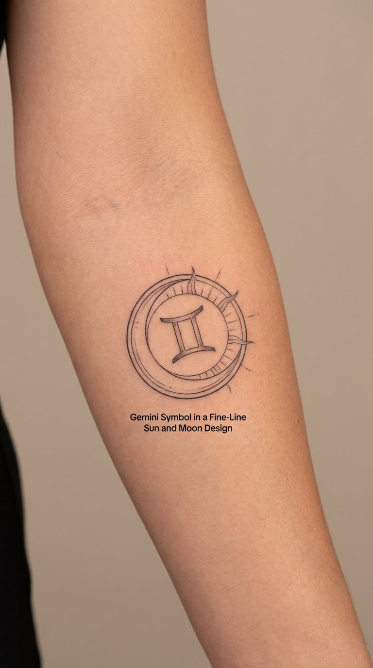Gemini Symbol in a Fine-Line Sun and Moon Design