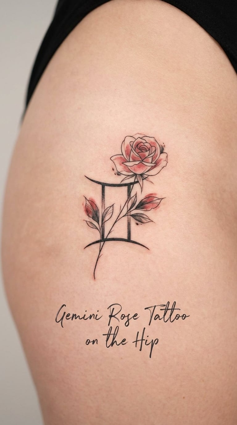 Gemini Rose Tattoo on the Hip