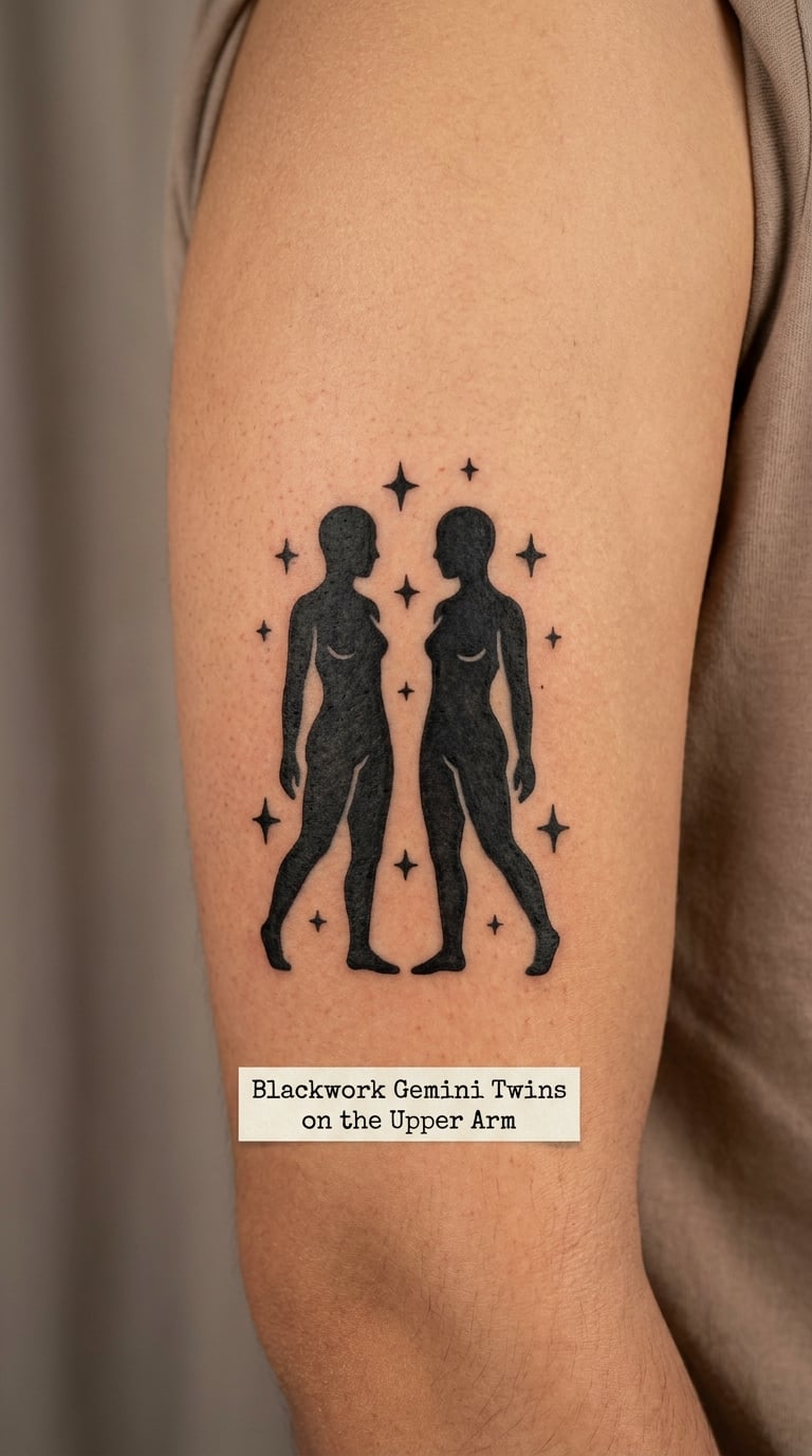 Blackwork Gemini Twins on the Upper Arm