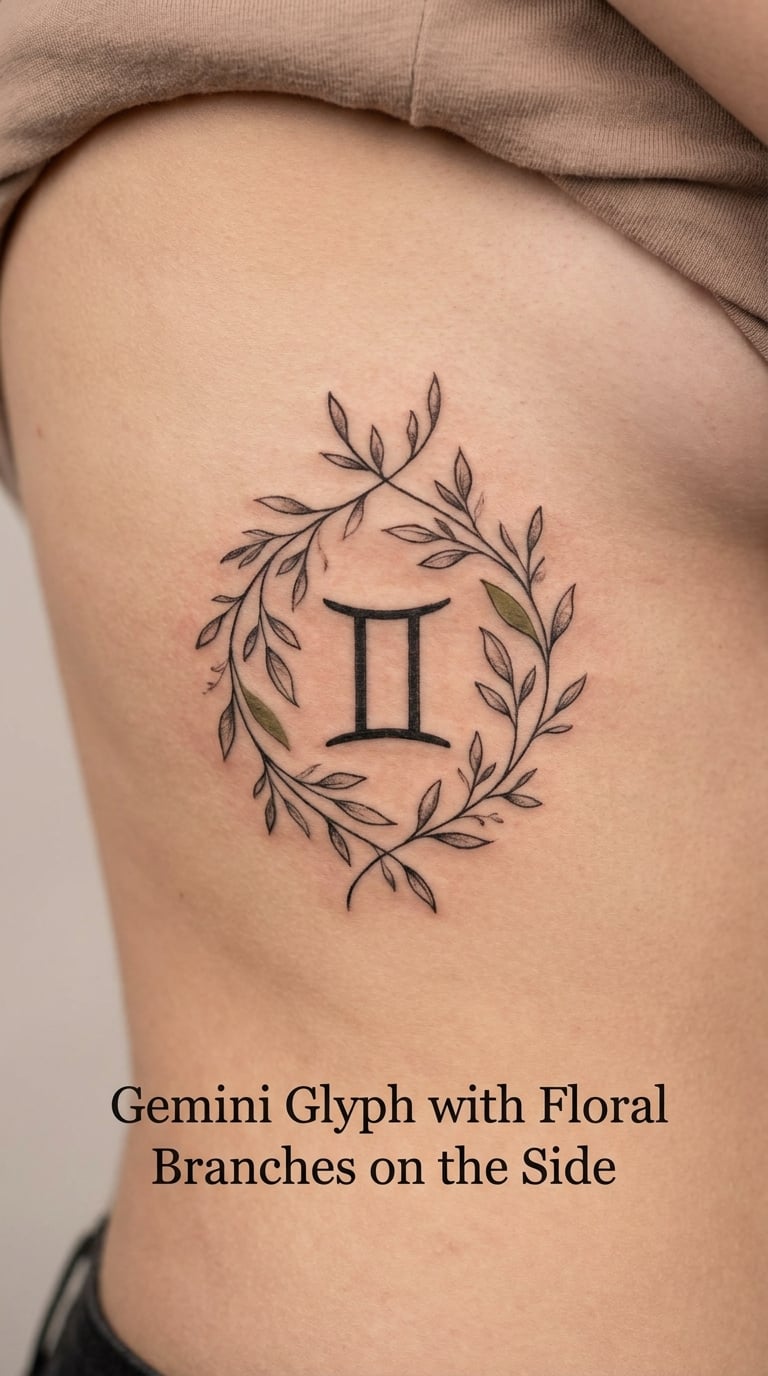 Gemini Glyph with Floral Branches on the Side