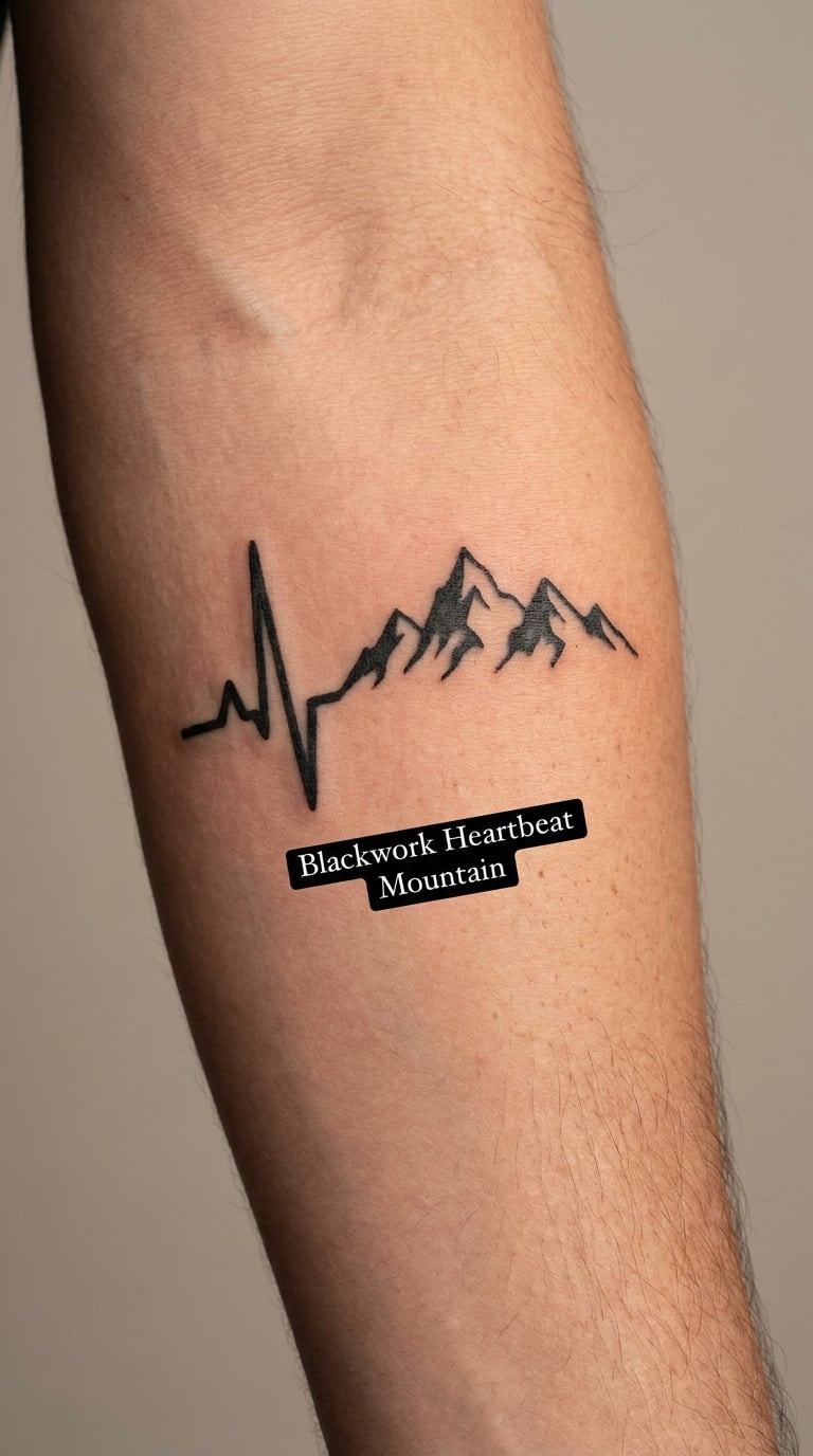 Blackwork Heartbeat Mountain