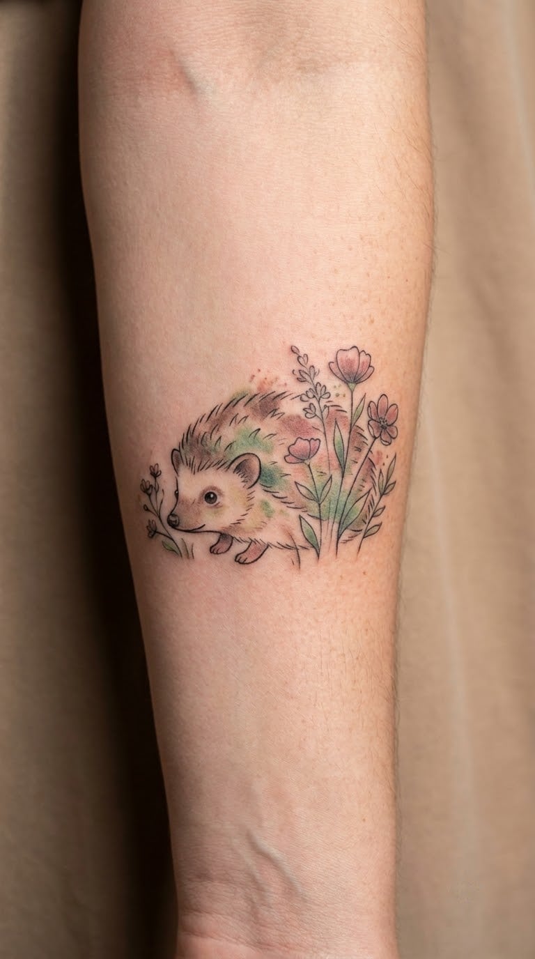 Watercolour Hedgehog in Wildflowers