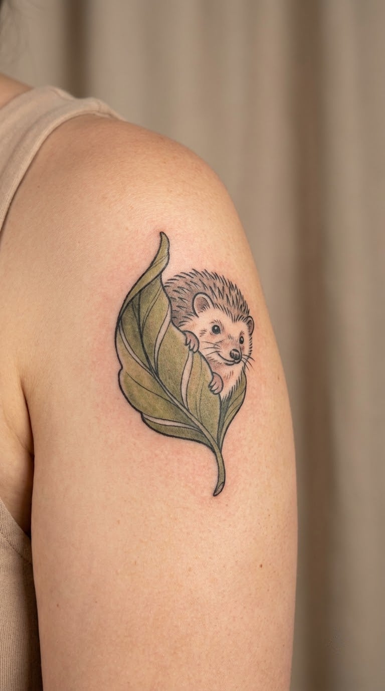 Hedgehog Peeking from a Leaf