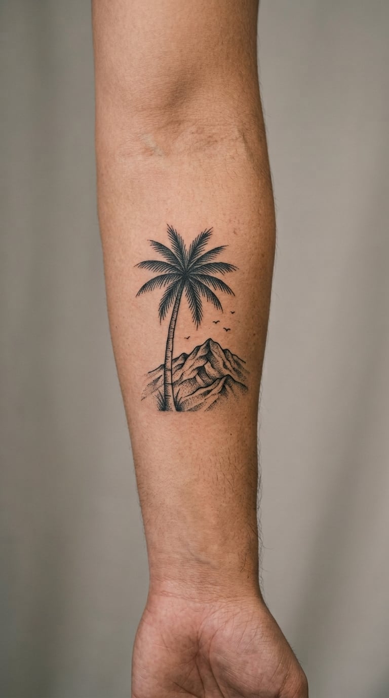 Dotwork Palm Tree and Mountain