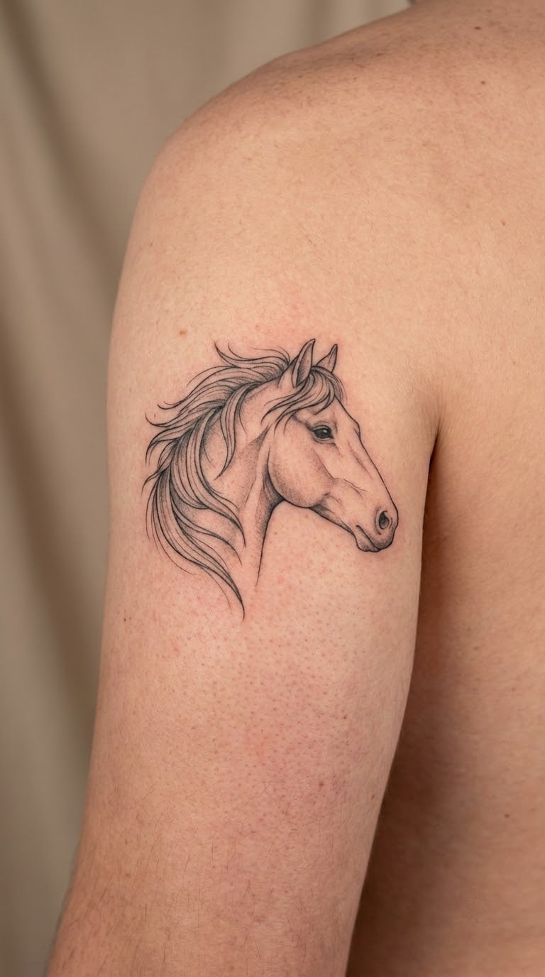 Horse with Flowing Mane on the Shoulder Blade