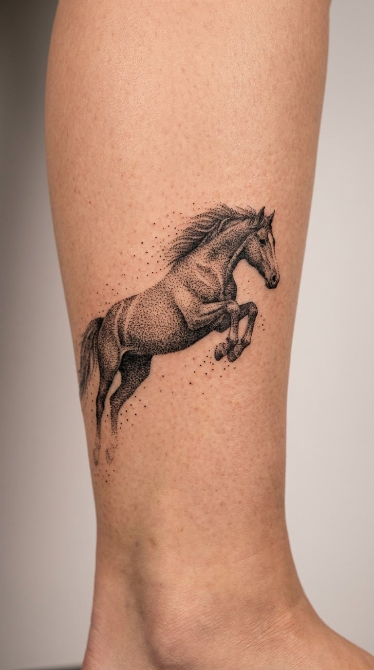 Jumping Horse in Dotwork on the Calf