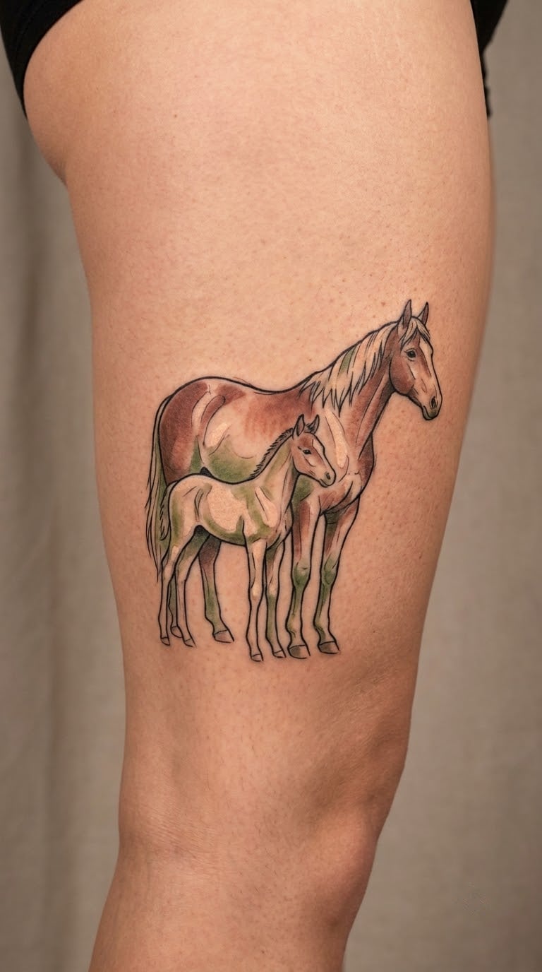 Colorful Mare-and-Foal Design on the Thigh