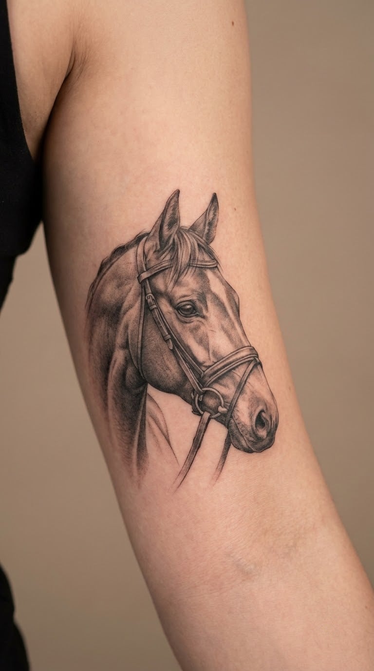 Realistic Bridled Horse Portrait on the Upper Arm