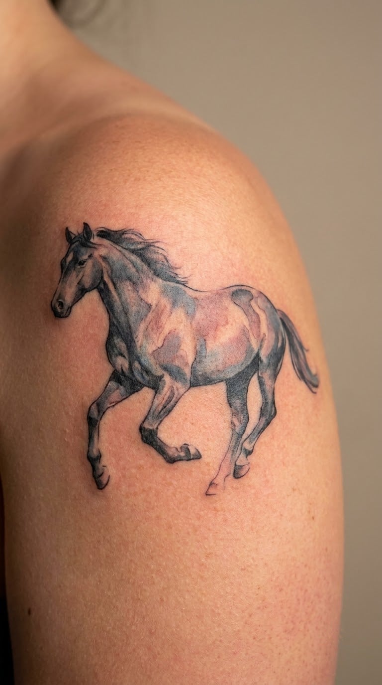 Galloping Mare in Watercolor on the Shoulder