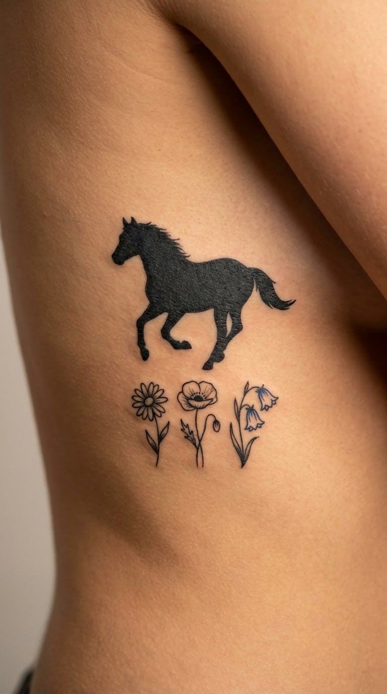 Blackwork Horse and Wildflowers on the Side Rib