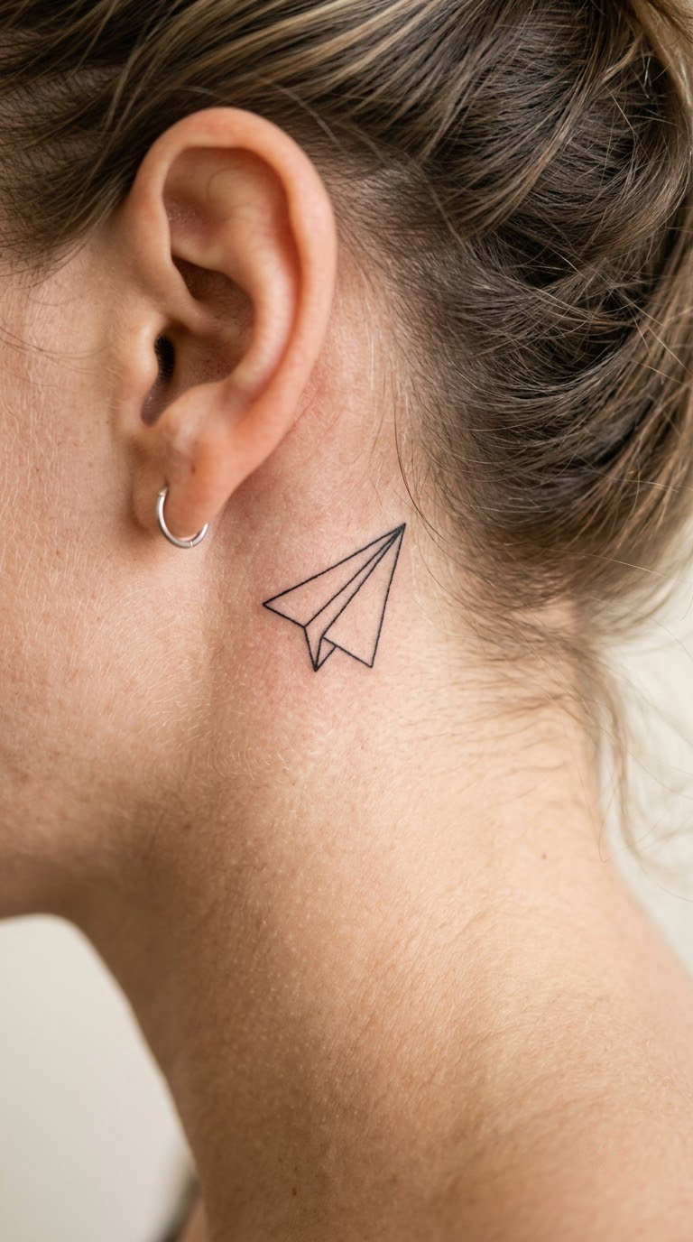 Fine-Line Paper Plane Behind the Ear