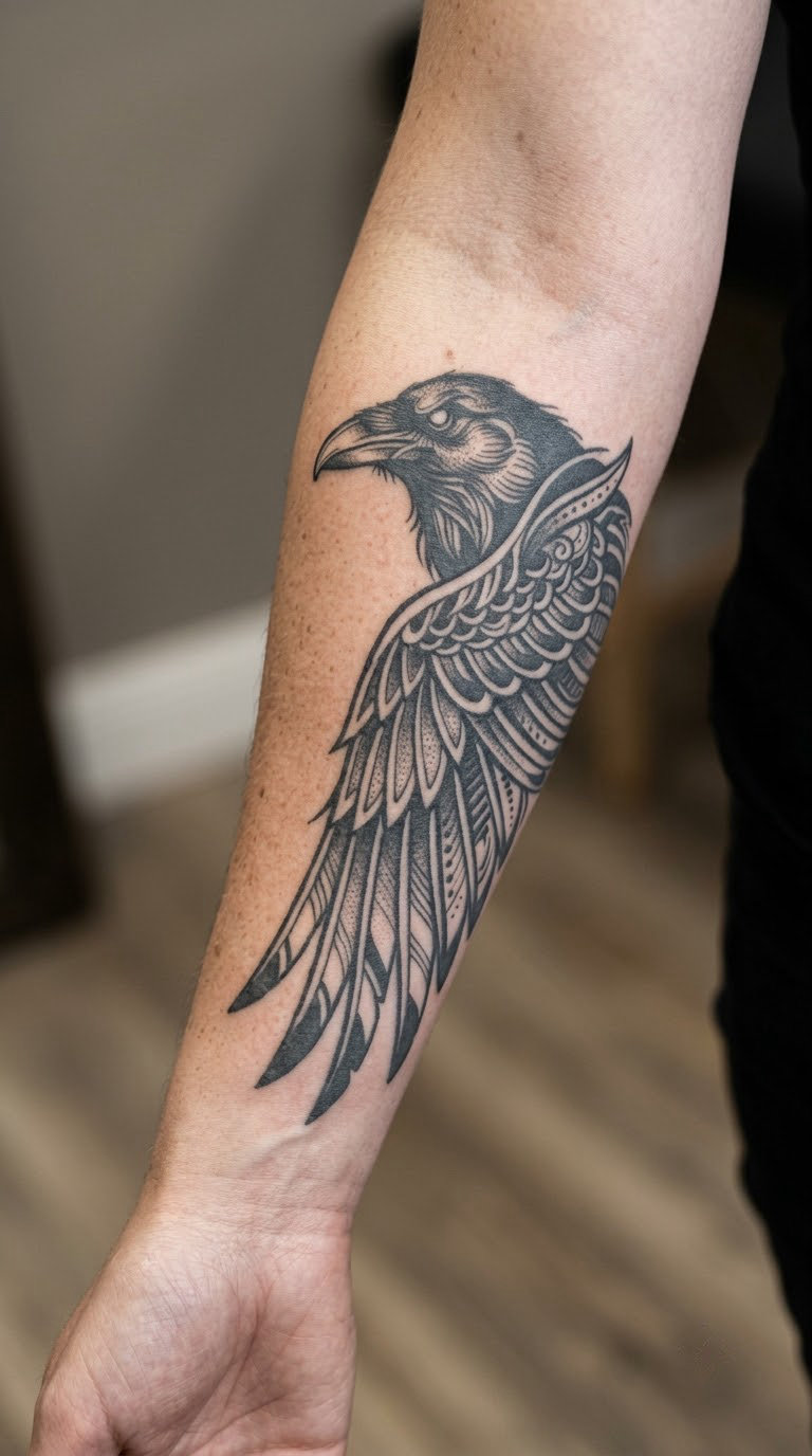 Blackwork Raven in Profile