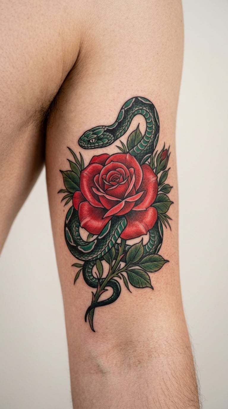 Rose and Snake in Neo-Traditional