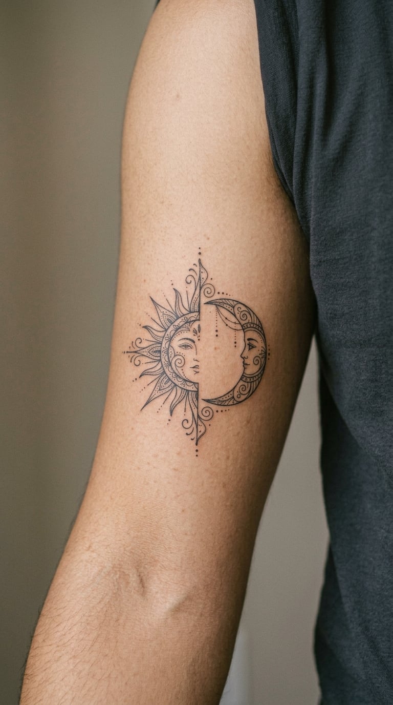 Sun and Moon Facing Each Other in Ornamental Linework