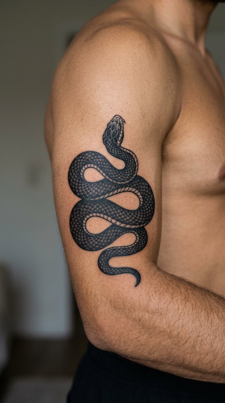Blackwork Serpent Wrapping the Mid Bicep