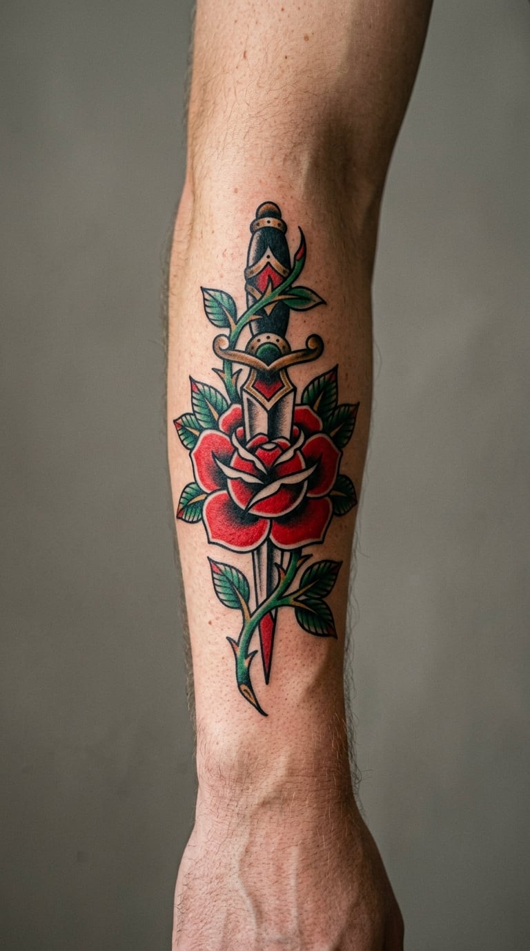 Traditional Dagger and Rose for a Classic Inner Forearm Tattoo