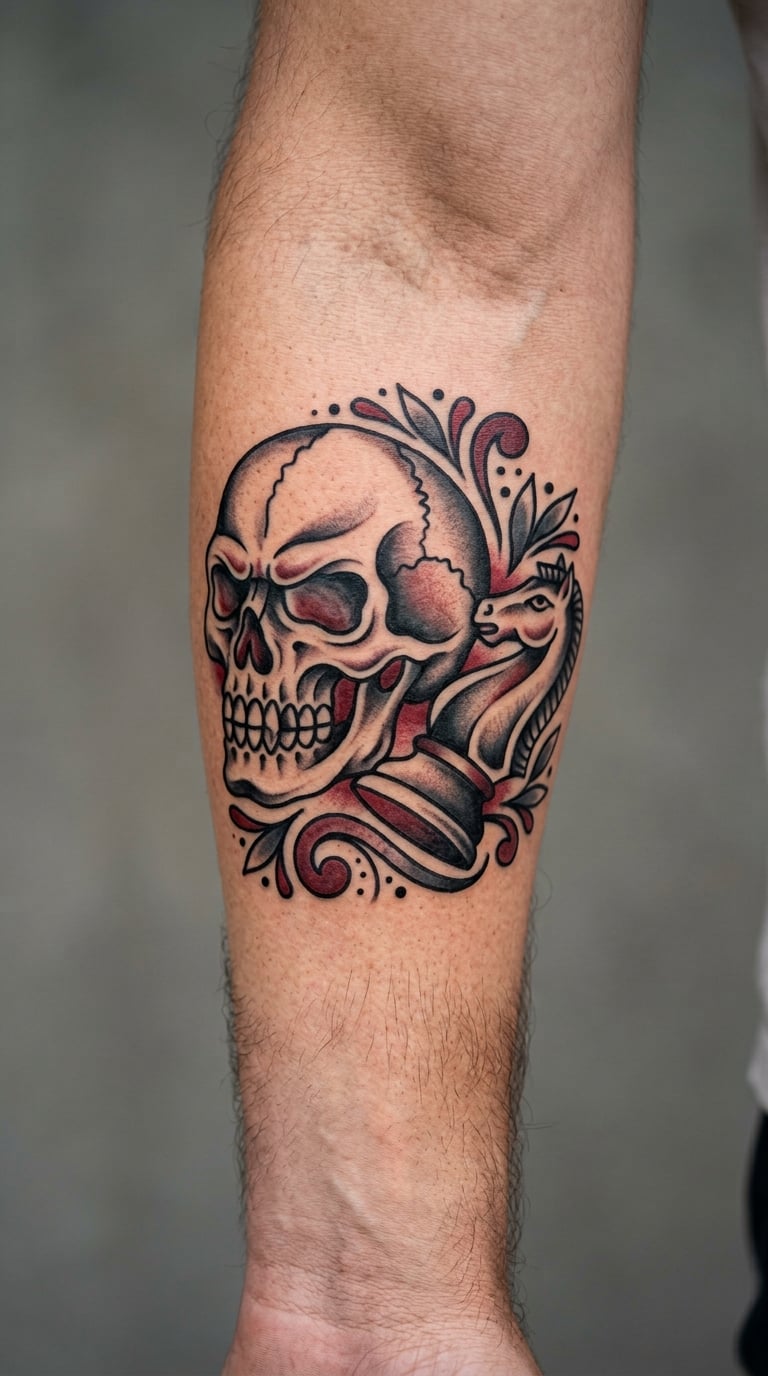 Skull and Chess Knight in Traditional Still Life